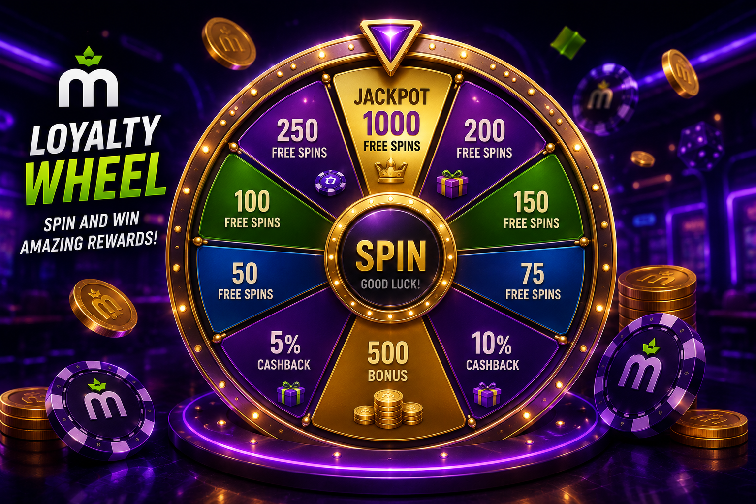 Illustration of a fortune wheel and coins representing MaxWin Points at MaxWin Casino