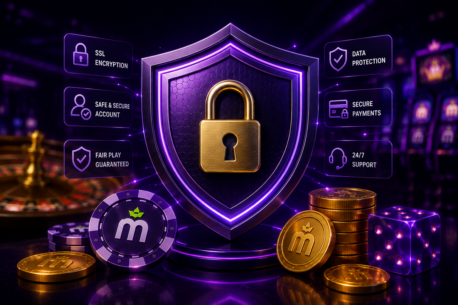 Illustration of a shield and padlock representing account security at MaxWin Casino